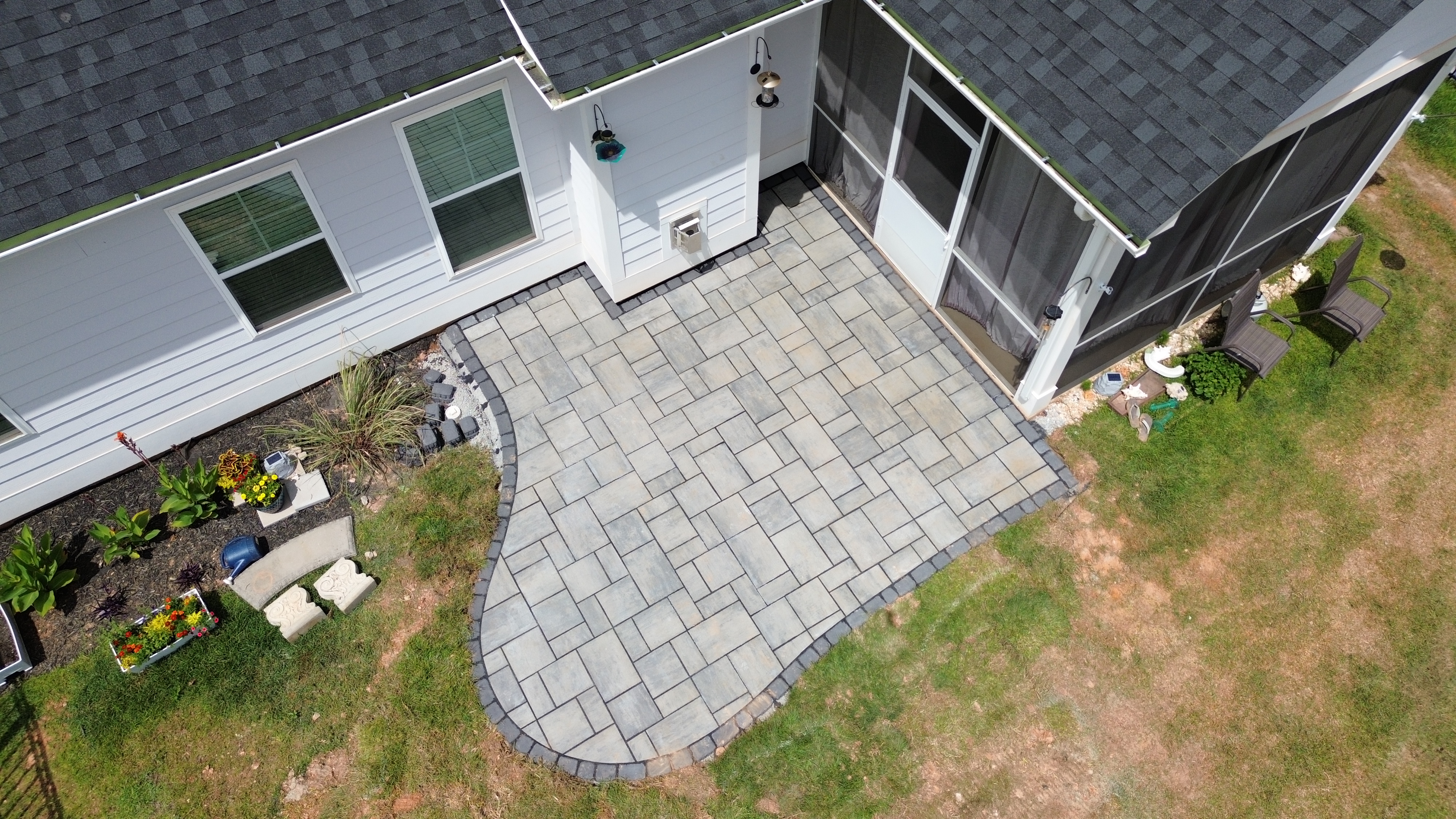 Aerial view of paver patio installation